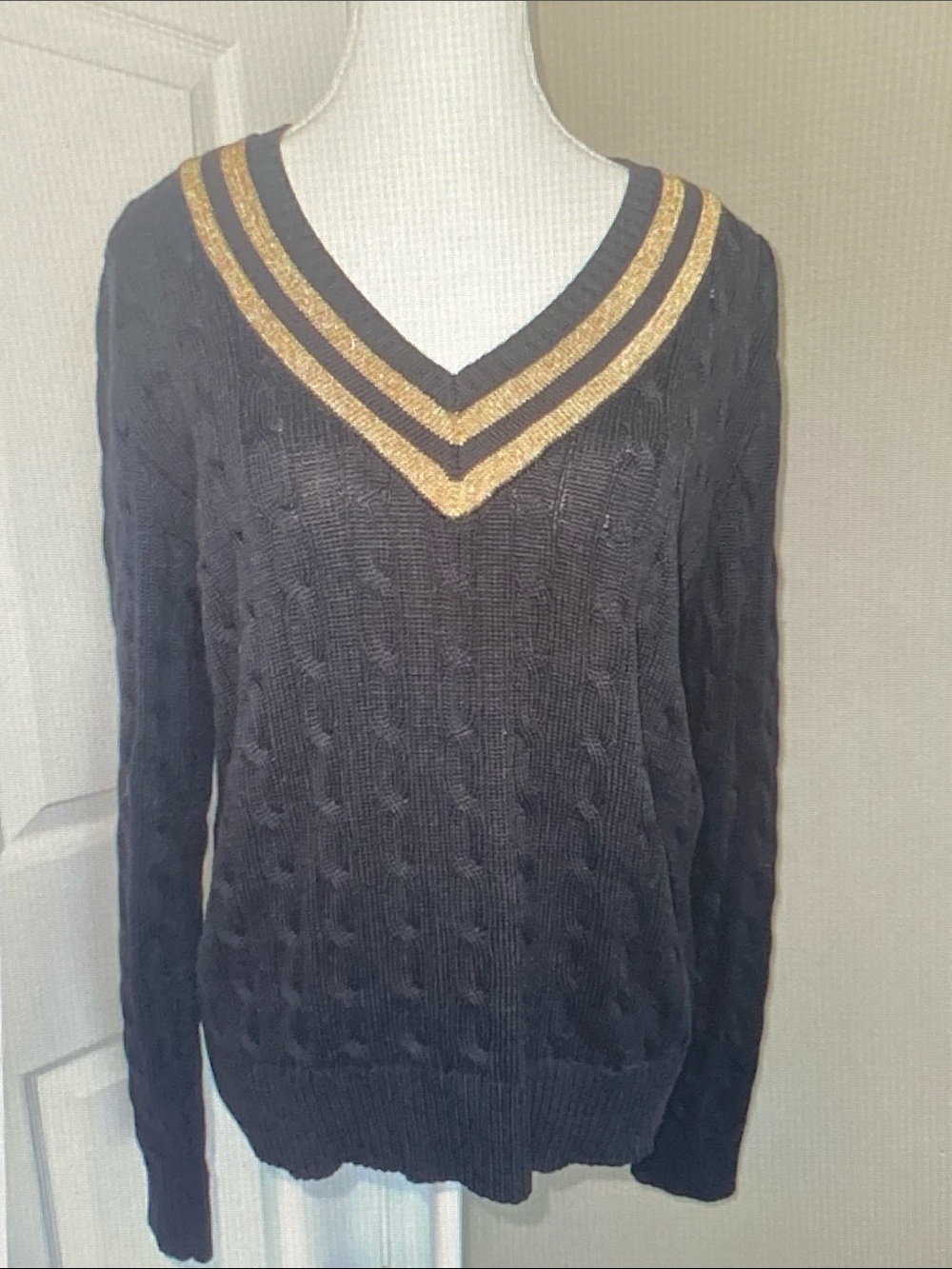 Lauren Ralph Lauren Black Cable V-Neck Sweater with Gold Trim
